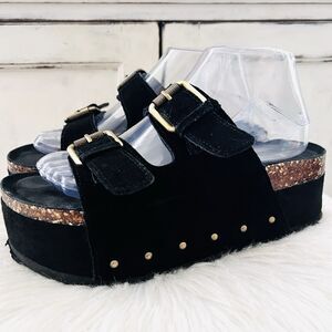 Project Cloud Funky Y2K Platform Black Genuine Leather Cork Strappy Sandals - 9